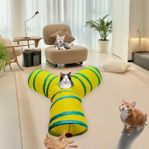 Cat Tunnel Tube Toys, 3 Ways Tunnels for Indoor Cats with Play Ball | Collapsible Pet Tube with Interactive Peephole Interactive Toy for Rabbits, Kittens, Ferrets, Puppy(Yellow Green) - color: 3 Way Yellow Green