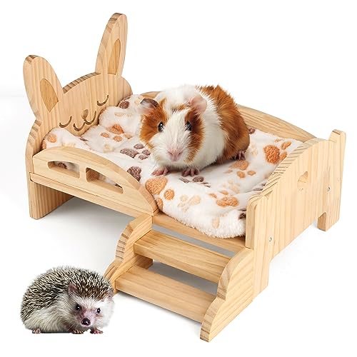 Wooden Guinea Pig Bed with Mat 13.5IN X 9.3IN Detachable Hideout with Stairs Small Animal Cute Warm Habitats for Hamsters Ferret Bunny Sleeping Hiding