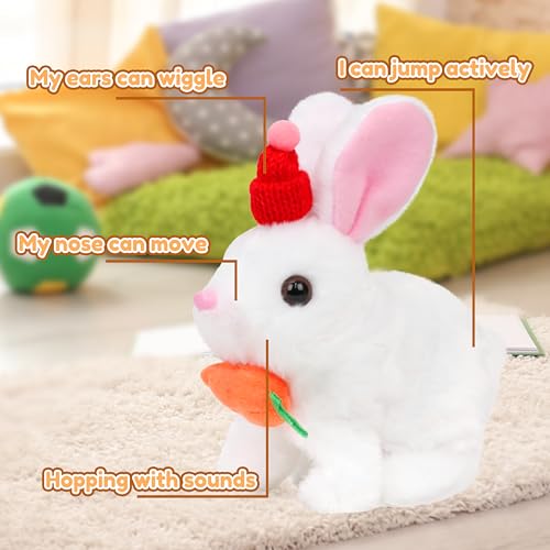 Easfan Bunny Plush Jumping Spotted White Rabbit with Hat Hopping Ears Nose Moving Educational Plush Toy Singing Shaking Glowing Interactive Toy Electric for Toddlers Kids - style: Bunny_White_Hat
