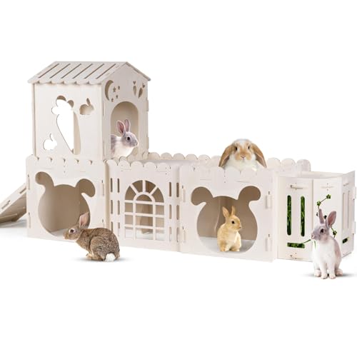 Extra Large Rabbit House, Wooden Bunny Castles with 4 Houses and Hay Feeder, Indoor Guinea Pig Castles Multistory Climbing Tower, Sturdy Wooden Bunny Cage Indoor, Small Animal Pet Rabbit Habitat - size: 4 Houses with Feeder
