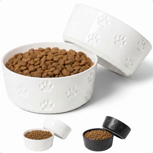 Ceramic Dog Bowl Set of 2 with Anti-Skid Base 7.5" W x 3" H, 6 Cup Capacity | Thick Ceramic, Dishwasher Safe, Anti-Skid Rubber Base, 6 Cups per Bowl, Ceramic Food & Water Bowls Set of 2 for Large Dogs - color: White, size: Large