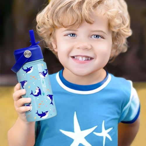 SANDJEST Shark Water Bottle - Kids Water Bottle with Straw Lid - 12 Oz Insulated Stainless Steel Water Bottles for Kid Boy - Travel Cup for School Sports - color: Shark 2