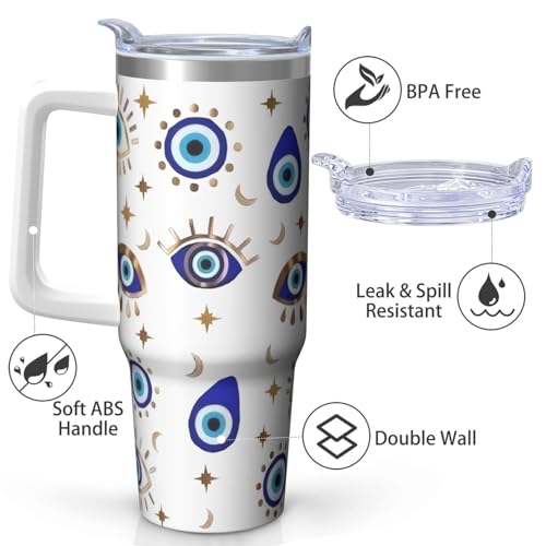 30oz Evil Eye Stainless Steel Tumbler with Handle and Straw, Evil Eyes Hand Insulated Cup Travel Coffee Mug Water Bottle with Lid and Straw, Women Gifts - color: EvilEye