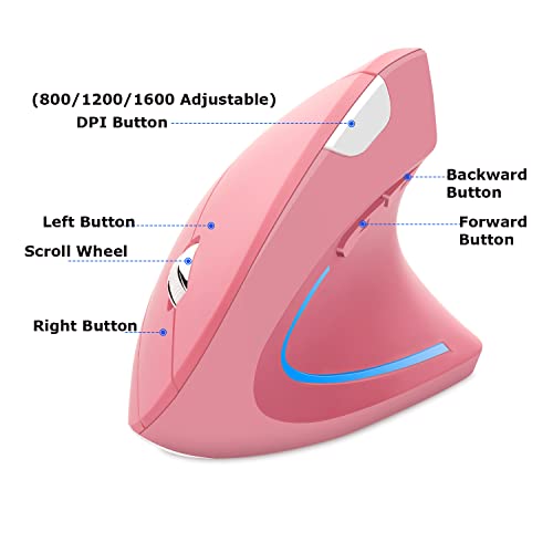 Wireless Mouse Ergonomic Vertical Ergo High Presion Optical Lightweight Cordless LED Light Large Cute Wireless Mouse for Laptop Computer Mac Office Girl Boy Adults Gift , 800/1200/1600 DPI, 6 Buttons - color: Pink