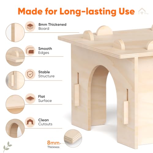 Guinea Pig Hideout, Large Wooden Guinea Pig House Hut, Bunny House | 8mm Premium Thickened Boards, Spacious Room & Multi-Opening for Better Ventilation, Tool-Free Assembly, Sturdy Construction - size: Style 1: 11.8 x 11 inches