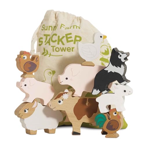 Le Toy Van Petilou Wooden Sunny Farm Stacking Animals and Bag | Farmyard Animal Building Blocks, Balancing Toy, Wooden Animal Toys for Toddlers, Suitable for 18 Months and Up