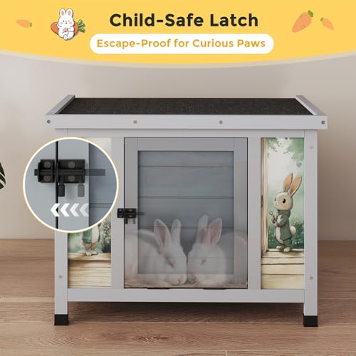 COZIWOW 24 Inch Rabbit Hutch Outdoor, Weatherproof Cat House, Bunny Cage Indoor with Non-Slip Ramp, Portable Wooden Shelter for Rabbits, Feral Cats, Chicken, Duck & Other Small Animals (Grey) - color: Grey w/printing