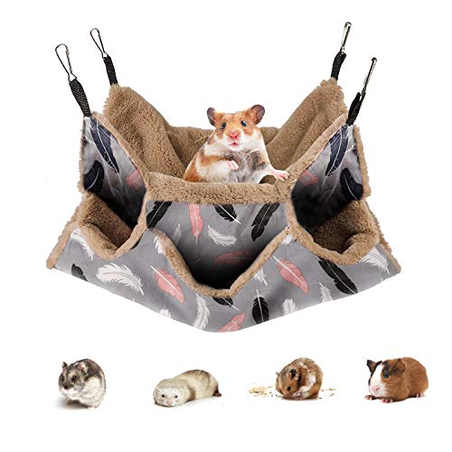Petmolico Ferret HammockTriple-Layer Hammock Bed Hamster Cage Accessories, Guinea Pig Hammock, Chinchilla Hammock, Warm Hamster Nest, Hammocks for Rats(13.8 * 13.8Inches, Brown Feather)