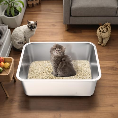 Stainless Steel Cat Litter Box - Large Metal High-Sided Pan for Cats, Pets, Non-Stick, Odor-Free, Easy to Clean, Splash-Proof, Durable (20" L x 13.8" W x 6" H) - size: 20" L x 13.8" W x 6" H