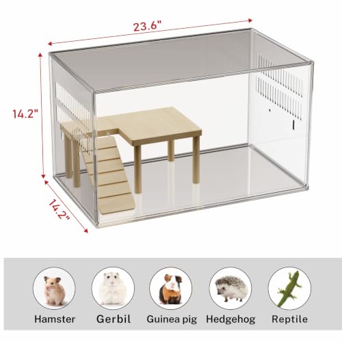 STILLCOVE Transparent Hamster Cage with Platform: 2-Tier Small Animal Cage | Wooden Platform & Ramp, Clear PET Guinea Pig House, Rat Enclosure, Mouse Tank, Pet Habitat for Hedgehog Gerbil Rodent