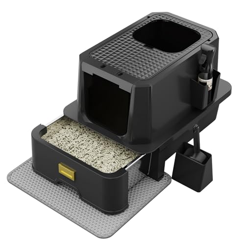 RIZZARI Large Covered Litter Box Indoor: Drawer Tray Top Exit Odor Spray | 304 Stainless Steel Pan / Pull-Out Cleaning Drawer / Textured Lid Anti-Tracking / Front Door & Top Hole / Modern Home Design - color: Carbon black