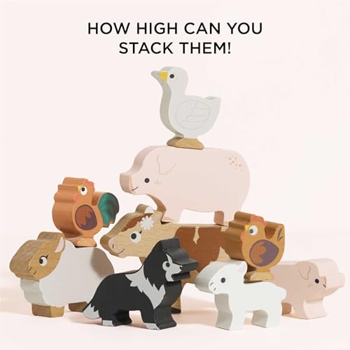 Le Toy Van Petilou Wooden Sunny Farm Stacking Animals and Bag | Farmyard Animal Building Blocks, Balancing Toy, Wooden Animal Toys for Toddlers, Suitable for 18 Months and Up