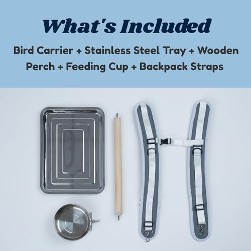 Birds Day Cockatoo Carrier Backpack-Parrot Travel Cage with Wooden Perch and Food Bowl, Stainless Steel Tray (Charcoal Gray, Cockatoo & Similar)