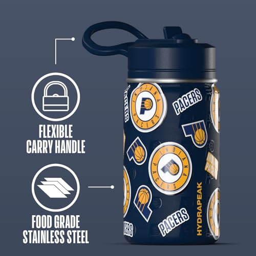 Hydrapeak NBA Officially Licensed Indiana Pacers Mini 14oz Kids Stainless Steel Water Bottle with Straw Lid & Flexible Handle, Double Wall Insulated, Spill Proof, Perfect for Back to School - color: Indiana Pacers