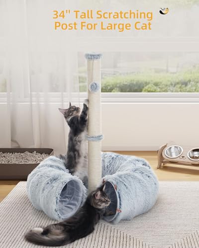 Aechonow 3-in-1 Cat Tunnel Bed, 34'' Cat Scratching Post for Indoor Cats | Fluffy Peekaboo Donut Hideout Toy for Pets, Rabbit, Ferret