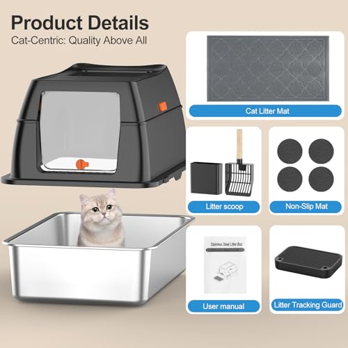 Stainless Steel Litter Box with Lid,Front Entry Top Exit Kitty LitterBox,Extra Large Enclosed Metal Cat Box with Litter Scoop & Litter Mat-Black - color: Black