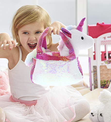 DolliBu Pink Unicorn Plush Reversible Sequin Pet Carrier Handbag, White Sparkle Soft Stuffed Animal Carrier Toy Purse for Little Girls, Cute Toddler Girl's Pretend Play 9 Inch