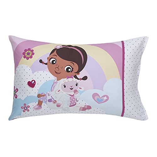 Disney Doc McStuffins - Cuddle Team Purple, White, & Blue 4Piece Toddler Bed Set - Comforter, Fitted Bottom Sheet, Flat Top Sheet, & Reversible Pillowcase, Lavender, Aqua, Pink, Yellow - color: Disney Doc Mcstuffins