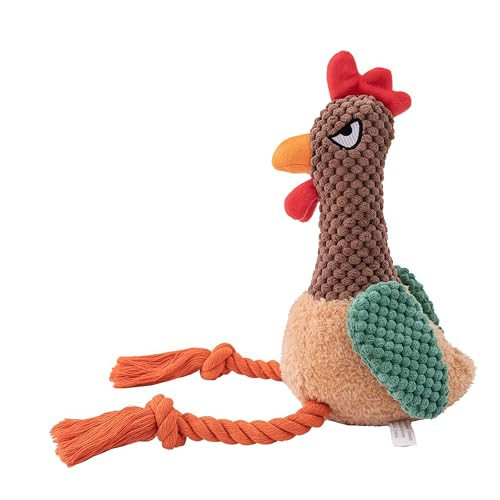 Plush Chicken Dog Toy with Squeaker and Rope Legs for Small Dogs | Soft fabric design with fun sound effects, perfect for tug games, fetching, indoor activities and daily bonding with pets - color: Brown Rooster