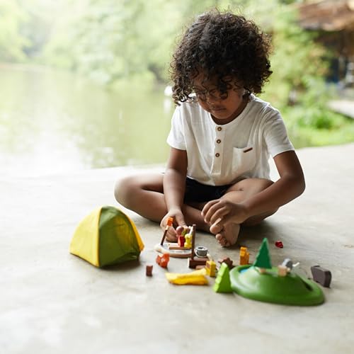PlanToys Pretend Play Camping Set (6624) | Sustainably Made from Rubberwood and Non-Toxic Paints and Dyes | wooden camping play set, montessori imaginative role play, social skill development, open-ended adventure toys, kids toy - color: Toy