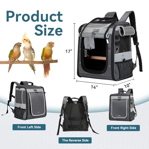 Bird Carrier with Shade Cover,Adjustable Height Standing Perch,2 Feeder Bowls and Great Ventilation, Fit for Medium Sized Birds (Grey)
