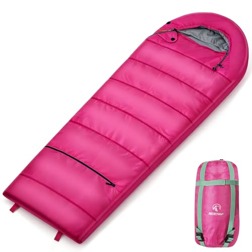 REDCAMP Kids Mummy Sleeping Bag for Camping, 3 Season Cold Weather Sleeping Bag Fit Boys,Girls & Teens, Blue/Rose Red - color: Hot Pink