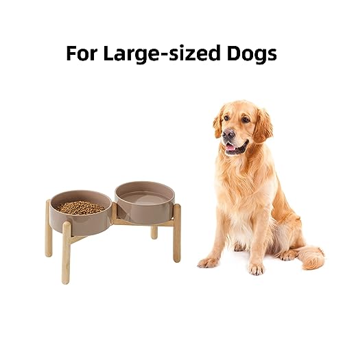 Havniva Elevated Dog Bowls Ceramic Dog Bowls with Stand, Dog Food Bowl | 8.3” Raised Dog Bowls with Non-Slip Wood Stand, Dog Food and Water Bowl Set, Double Dog Feeding Bowls for Large Dogs - color: 2 Bowls+Stand - Brown Coffee, size: 8.3inch