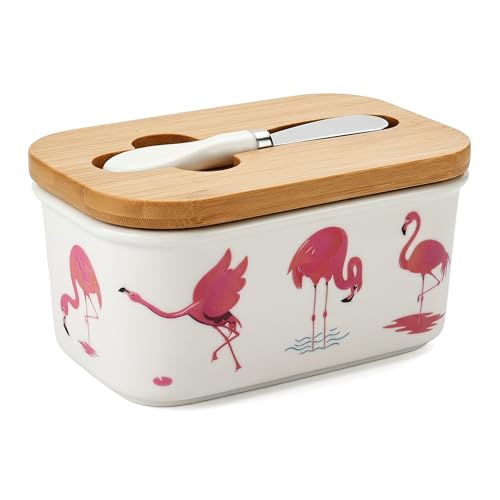 Cute Flamingo Print Ceramic Butter Dish with Bamboo Lid & Butter Knife, Covered Butter Keeper Container Fits Standard Western Butter Stick for Kitchen Countertop Fridge Storage - color: Flamingo