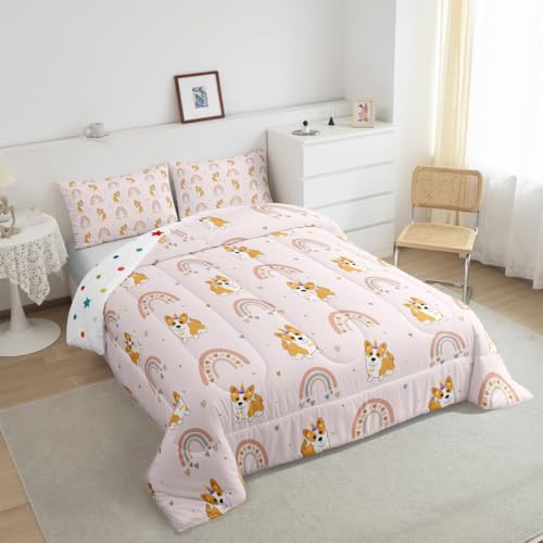 Dog Bedding Set for Kids, Cute Pug Rainbow Comforter Set King, Cartoon Love Heart Down Comforter for Boys Girls Children Bedroom, Cartoon Animal Puppy Quilted Duvet 3Pcs with 2 Pillow Cases, Pink - color: Multi 36, size: King