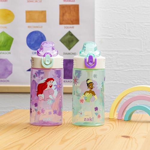 Zak Designs Princess Sage 16oz Leak-Proof Straw Kids Water Bottle, 2-Pack | BPA Free Durable Plastic, Cupholder Friendly, Dishwasher Safe, Easy to Clean, Lid Lock, Handle, For School, Home, Travel - color: Disney Princess (Ariel, Cinderella, Jasmine, Moan