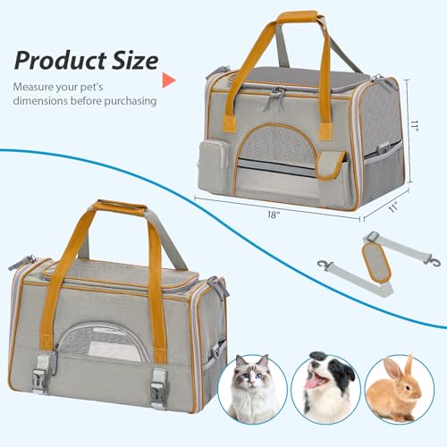 Pesen Soft Cat Carrier, 18 x 11 x 11 Inches, Holds Pets Up to 16 lbs | Anti-Collapse Pet Travel Carrier with Multiple Storage Pockets for Medium Cats, Puppies, Rabbits and Other Small Animals