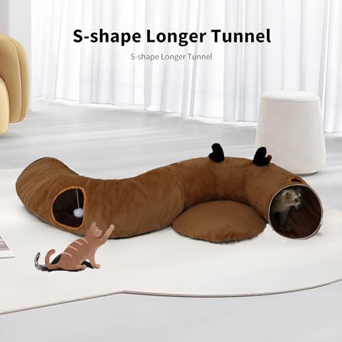 Cat Tunnel Bed for Indoor Cats with Washable Cushion Cat Cave Donut Tunnel with Fluffy Ball Big Round Tube Pet Playground Toys Soft Plush Peekaboo for Kitten, Cat, Puppy, Rabbit, Ferret（Deer） - color: Deer