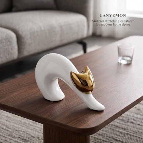 Abstract Stretching Cat Statue for Modern Home Decor, 4.75'' White and Gold Minimalist Cat Figurine for Table, Shelf, Desk, Entryway, Mantle Decor, Perfect for Animal & Pet Lovers - color: White