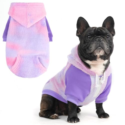 BINGPET Dog Hoodies for Small Medium Large Dogs, Sherpa Hooded Dog Sweater with Leash Hole for Boy Girl Dogs,Soft Warm Fleece Dog Winter Clothes Cold Weather Coats Jacket for Puppy Sweatshirt,S - color: Tie-Dye Pink, size: Small