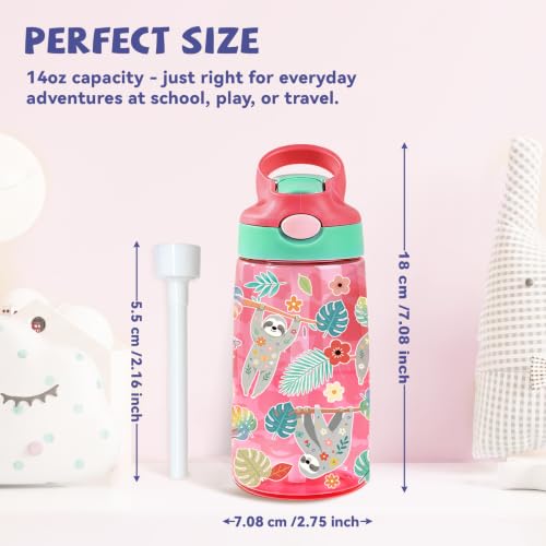 Kids Plastic Water Bottle - Sloth Water Bottle for Kids, 14oz Plastic Water Bottles with Straw Lid, Leakproof BPA-Free Cute Sloth Water Bottles for Home Sports Travel, Pop-Up Straw Cover, Pink - color: Sloth