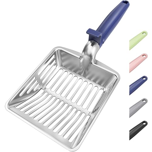 Metal Cat Litter Scoop, Large Cat Scooper with Deep Shovel & Dual Sifting Holes for Fast & Precise Sifting, Space Aluminum Kitty Litter Scooper with Long Handle & Easy-to-Hang Hook - Blue - color: Blue
