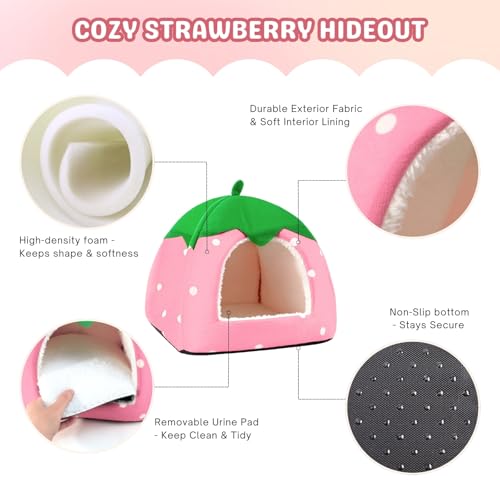 Rabbit Hideout, Washable Bunny Bed with Removable Pee Pad, Plush Indoor Rabbit House, Adorable Strawberry Design Small Animal Hideaway for Guinea Pig, Pink - color: Pink