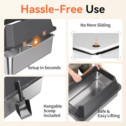Stainless Steel Litter Box with High Sides, XL | High Sided Cat Litter Pan, Open Top Extra Large Metal Cat Litter Box, Non-Stick, Odor Free, Leakproof, Scoop Included, Gray - color: Grey