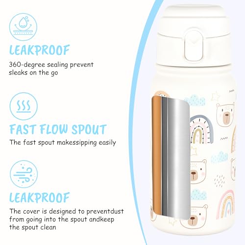 GOPPUS Kids Insulated Water Bottle 12oz, Leakproof Stainless Steel Thermos, BPA Free Double Wall Vacuum Insulated Bottle for School, Travel, Sports & Outdoor Activities, Boys Girls - color: White bear