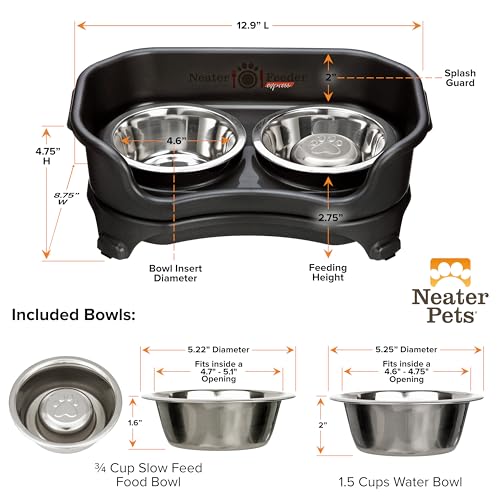 Neater Feeder Express Mess Proof Dog Bowls Elevated for Small Breed – Made in USA – No Spill Raised Slow Feeder Elevated Dog Bowl Stand, Stainless Steel Food and Water Bowl Set, Black - color: Midnight Black, size: Small w/ Metal Slow Feed Bowl