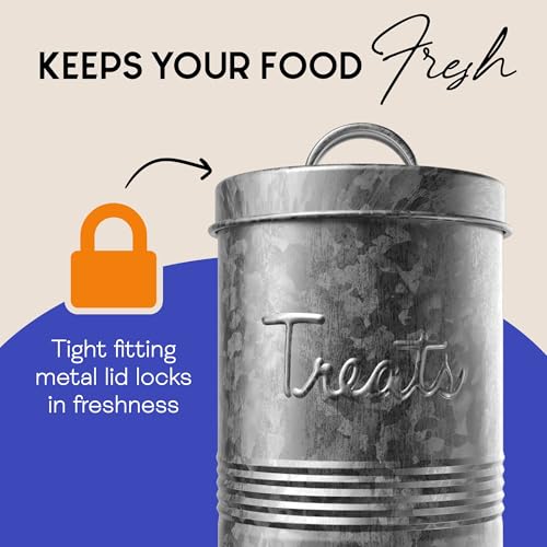 Amici Pet, Retro Treats Galvanized Relief Lettering Metal Storage Canister, Food Safe, Push Top, 72 Ounces (Pack of 2) - size: Large/72 oz (Pack of 2)