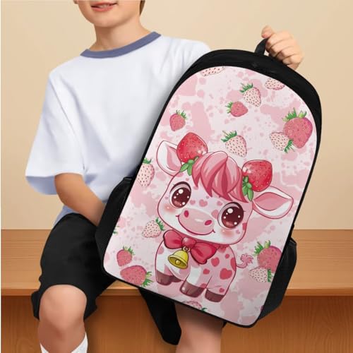 Pink Fruit Cow Backpack for School Girls 3rd Grade Boys Bookbag with Lunch Box Water Bottle Holder and Kawaii Big Pencil Case 4 PCS Sturdy Lightweight Back Packs with Compartment - color: Pink Fruit Cow