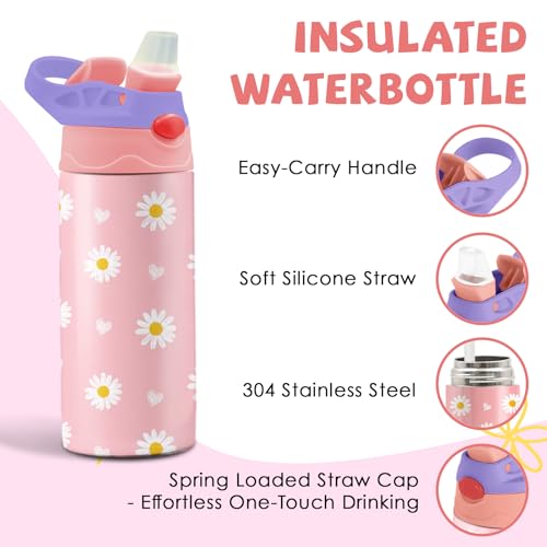 Daisy 12 oz Water Bottle with Straw – Kids Stainless Steel Vacuum Insulated Cup, Leakproof Pop-Up Spout, Reusable Travel Mug for Boys and Girls Outdoor Sports - color: Daisy1
