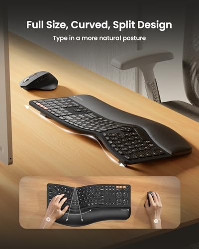 ProtoArc EKM01 Plus Wireless Ergonomic Keyboard Mouse Combo - Black | Full-size Split Keyboard with Cushioned Wrist Rest, Ergonomic Mouse, 3-Device Bluetooth/2.4G, USB-C Rechargeable - color: Black
