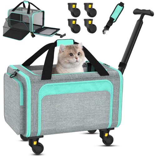 Airline Pet Carrier with Wheels, 18x11x11 for Cats & Toy Dogs | Soft-sided nylon under-seat bag, removable wheels, expandable mesh, cats & toy-breed dogs, measure pet before buying - color: Green