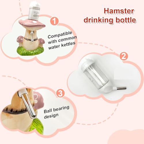 Mushroom Ceramic Hamster Hideout, Water Bottle with Stand, Food Bowl, Hamster Accessories (Pink) - color: pink