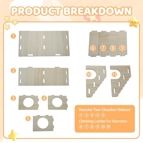 2-Chamber Hamster Tunnel & Wooden Climbing Ladder Bridge，Wooden Hamster Hideout with Ladder for Dwarf Syrian Hamsters Gerbils Mice or Other Small Pets