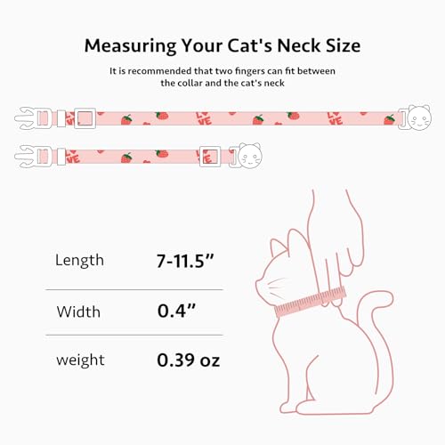 2 Pack Cotton Cat Collar Pink Strawberrie White Heart Cute Kitten Collar | Breakaway Breathable Soft material With cute pendants with Bell - color: Pink&White