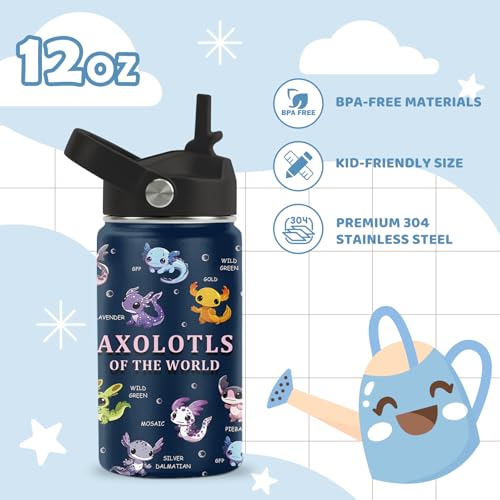 Axolotl Gifts for Girls Boys,12 oz Water Bottle with Straw Lid | Stainless Steel Vacuum Insulated Bottle, Leakproof, Cute Axolotl Cup Gifts for Birthday Holiday - color: Axolotl