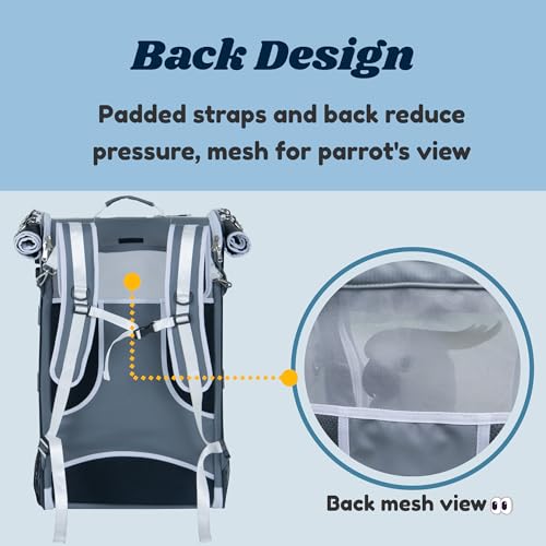 Birds Day Cockatoo Carrier Backpack-Parrot Travel Cage with Wooden Perch and Food Bowl, Stainless Steel Tray (Charcoal Gray, Cockatoo & Similar)